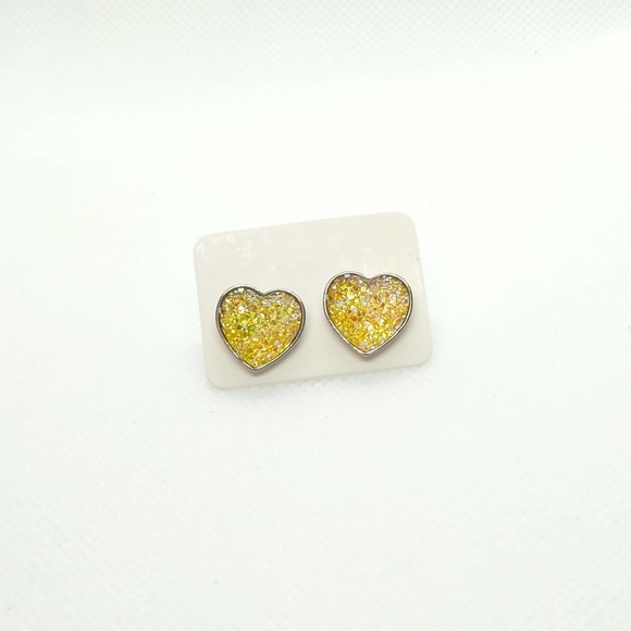 5/$25 Yellow Heart Shaped Druzy Earring Iridescent Studs Hearts Glitter NEW - Picture 6 of 7